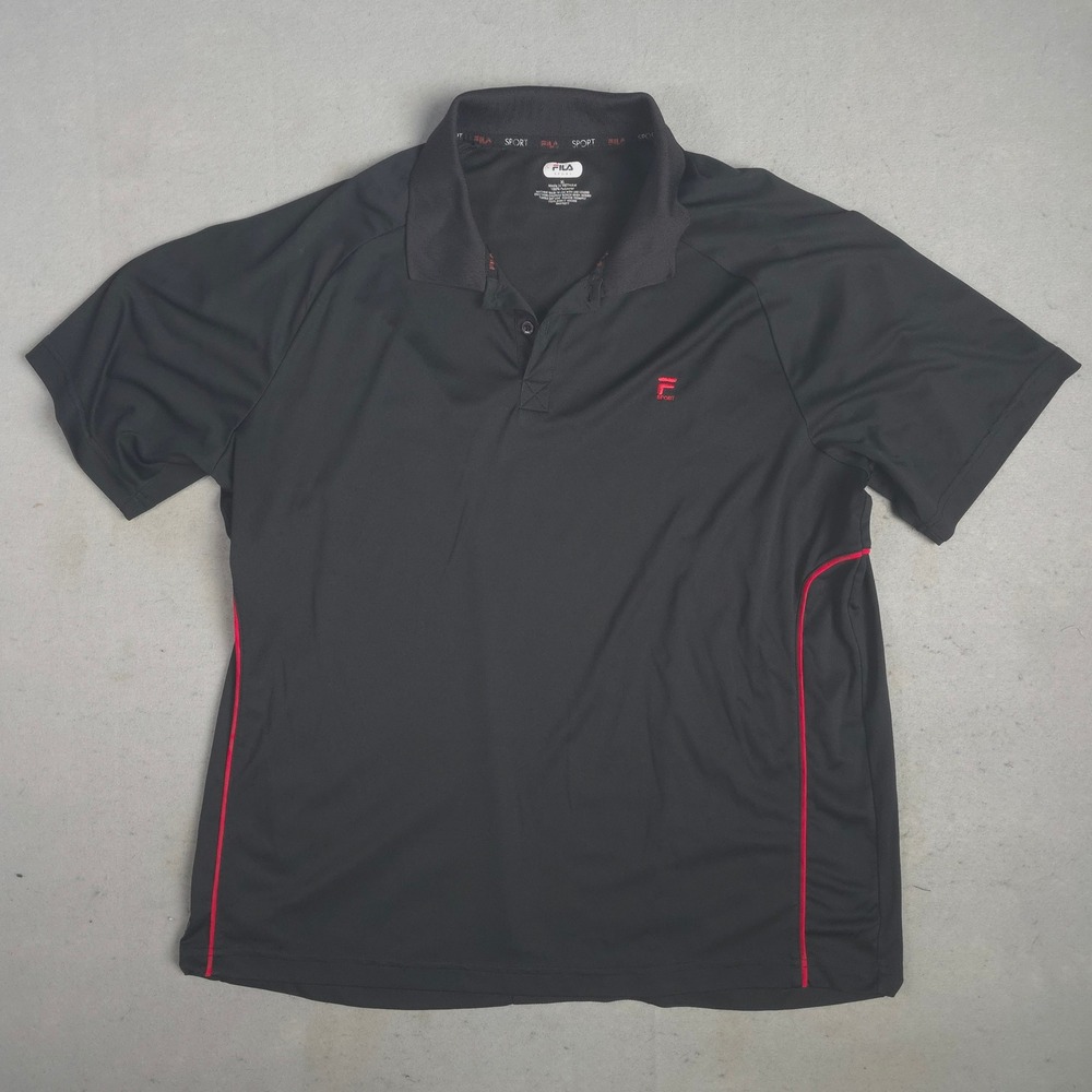 Fila Sport Mens XL Black Red Piping Performance Golf Polo Shirt Short Sleeve